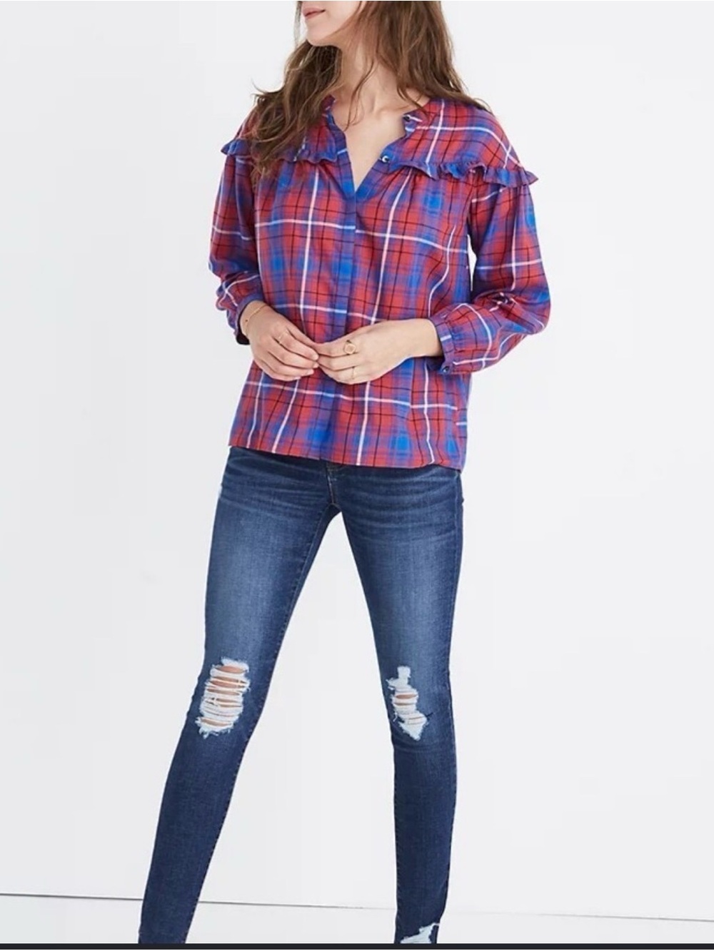 Madewell Red and Blue Plaid Ruffle Button-Front Blouse